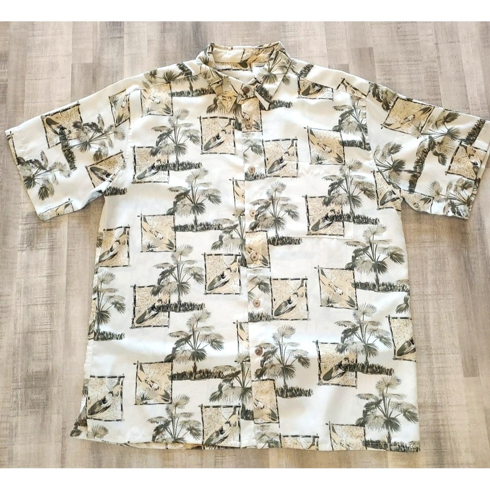 Premiere International Men XL/XG Hawaiian Shirt‎ Cream Green Floral Aloha